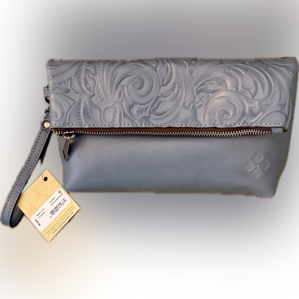 PATRICIA NASH Valerie Safflower Blue Tooled Leather Wristlet Clutch NWT